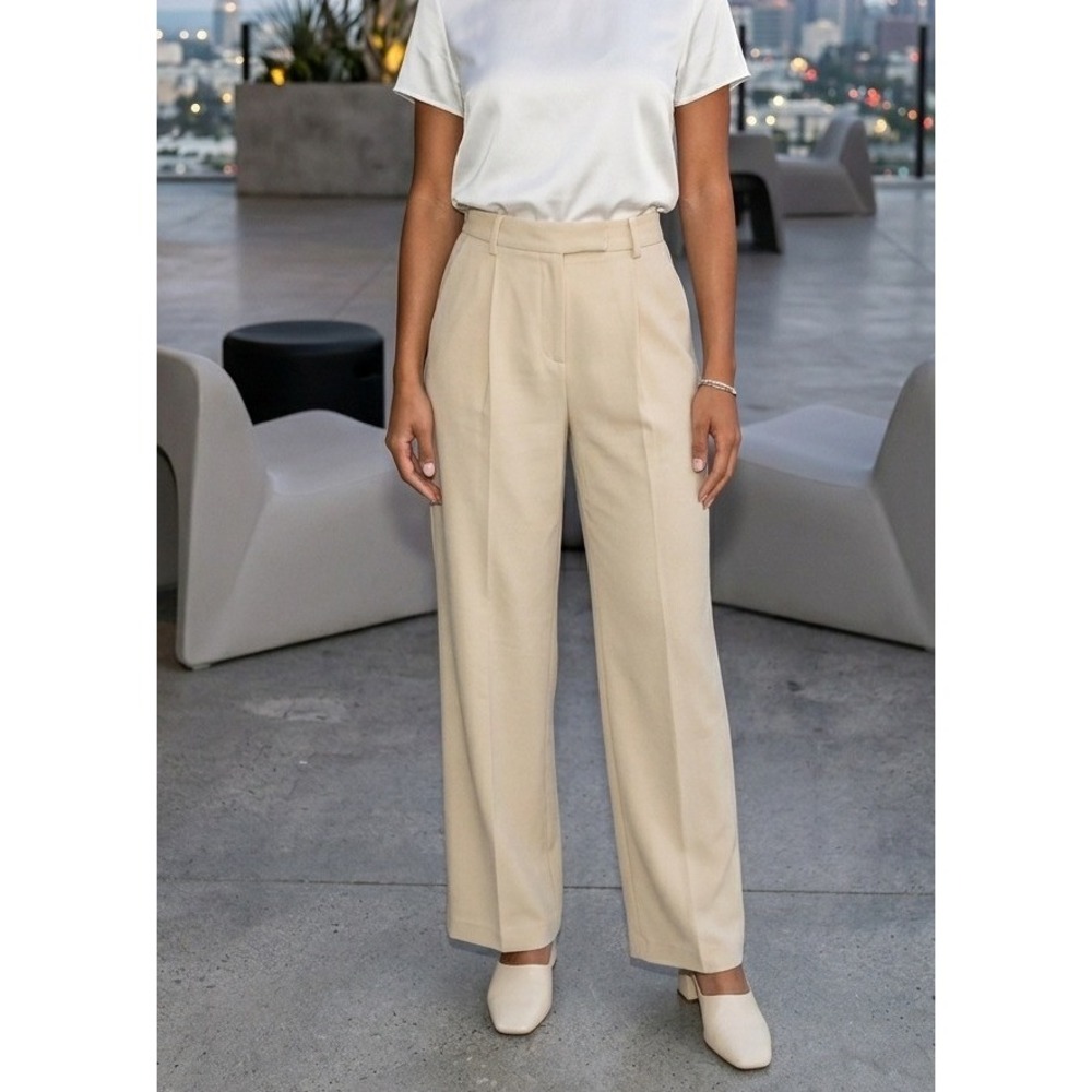 Talbots Dress Pants Womens Size 12 Pleated Beige 100% Wool Wide Leg High Rise